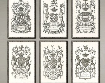 Large Art set Heraldic coat of arms 18th century family crests. 11x17 or 16 x 24 inches. Total of 6 prints.