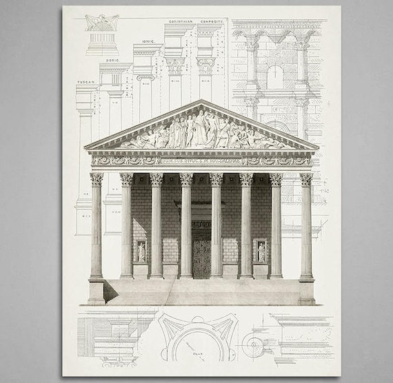 24 X 36 Inch Classic Architecture Drawing Art Print, Architecture