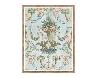 May include: A framed print featuring a vintage floral design with a light blue background. The artwork showcases ornate floral arrangements, garlands, and decorative elements in shades of pink, green, and gold. The print is encased in a wooden frame.