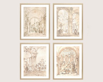 4 set vintage tekeningkunstafdrukken. Architectuurschets uit 1700. Binnenplaats paleis en poort. Roségouden wanddecoratie, geweldig housewarmingcadeau.