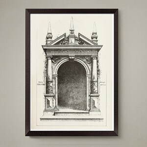 Puede incluir: Dibujo en blanco y negro de una l&iacute;nea de un dise&ntilde;o arquitect&oacute;nico para una puerta con un arco redondeado, columnas y una parte superior decorativa. El dibujo est&aacute; enmarcado en un marco negro.