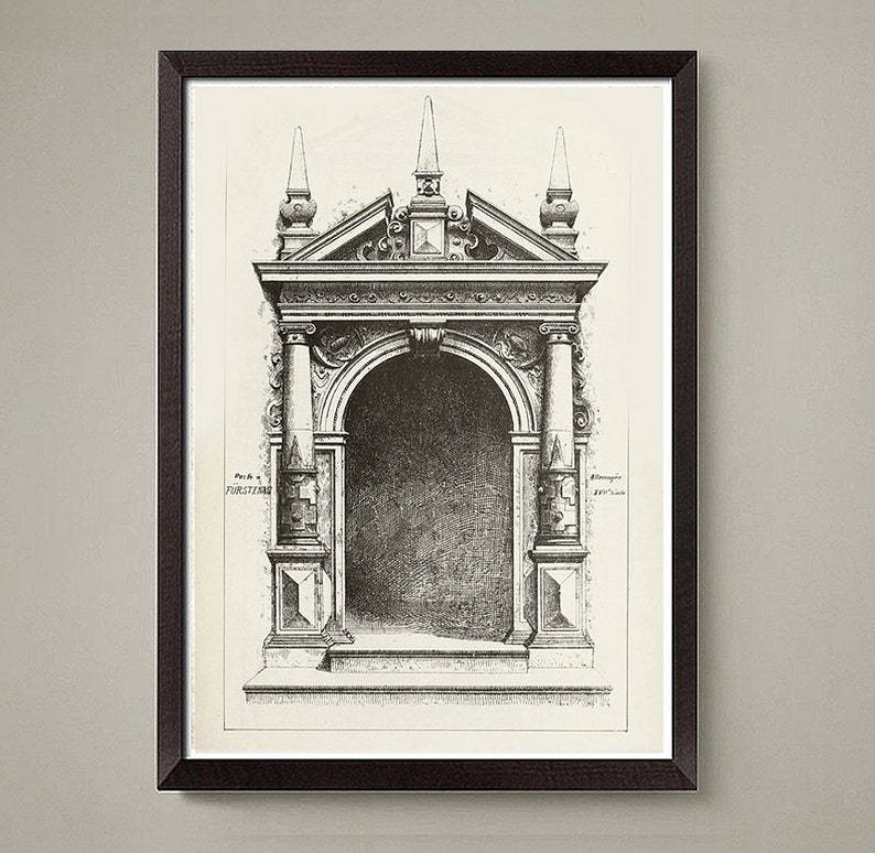 Puede incluir: Dibujo en blanco y negro de una l&iacute;nea de un dise&ntilde;o arquitect&oacute;nico para una puerta con un arco redondeado, columnas y una parte superior decorativa. El dibujo est&aacute; enmarcado en un marco negro.