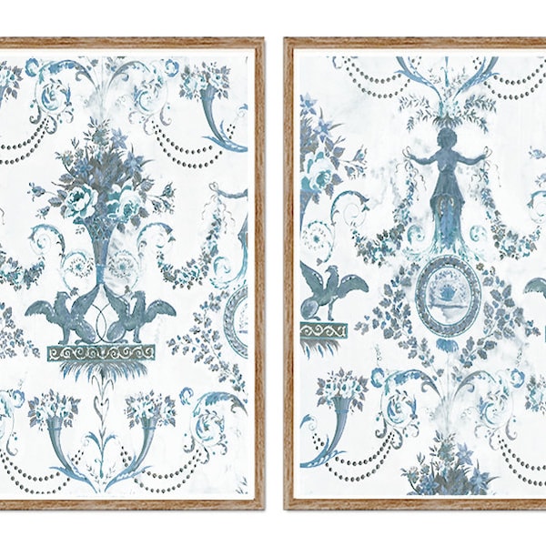 Antique French Wallpaper Print Set, Blue Decor