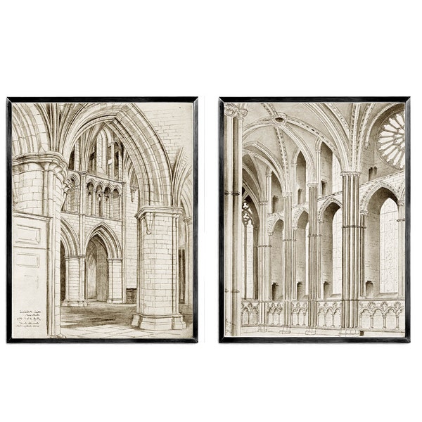 2 set Architectural Prints, sketches Gothic European architecture, Interior Arches Architecture drawing, vintage sketches