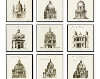 Architectural Print Set, Vintage Building Drawings, Square Format, Set of 9