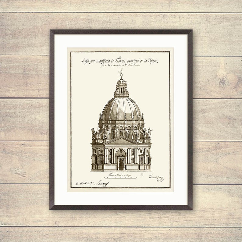 Puede incluir: Un dibujo arquitect&oacute;nico en blanco y negro de un edificio con c&uacute;pula. El dibujo est&aacute; titulado "Profil que magnifique la Facade principale de la Volonne, que l'on a construit en l'an 1613.  Par le Sr.  Giovanni  de  Rossi."