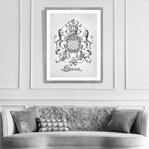 CUSTOM Family Crest-Wedding Crest-Surname coat of arms BIG CREST home decor 18 x 24 inch. Created antque vintage family crest-monogram art image 3