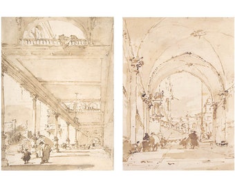 May include: Two black and white drawings of an interior space with arched ceilings and columns. The drawings are done in pen and ink and show a perspective view of the space.