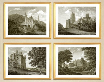 4 Set Vintage Drawing prints. European Architectural sketch, engravings of English country and castles. Wall decor, great house warming gift