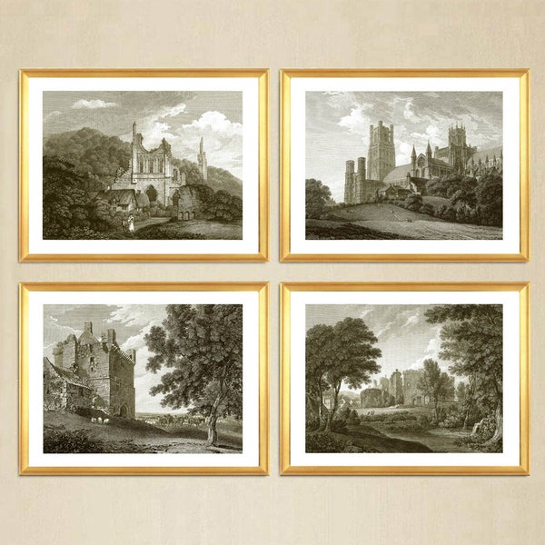 4 Set Vintage Drawing prints. European Architectural sketch, engravings of English country and castles. Wall decor, great house warming gift