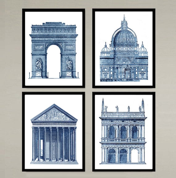 European Facade Architectural Prints, Indigo Blue Decor, Set of 4