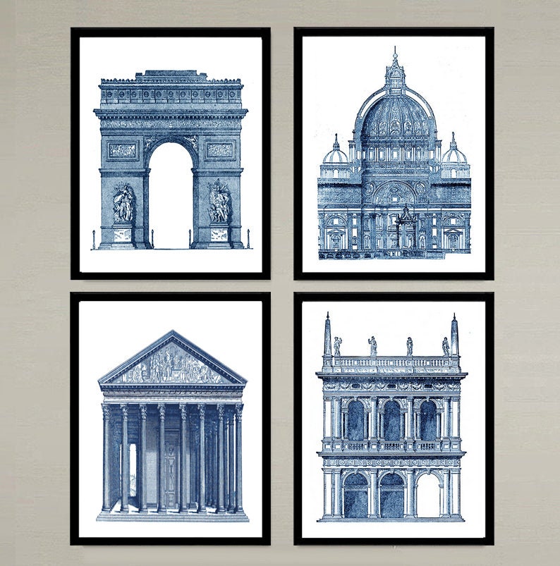 May include: Set of four blue and white architectural prints featuring the Arc de Triomphe, St. Peter's Basilica, the Pantheon, and a building with a balcony. The prints are framed in black.