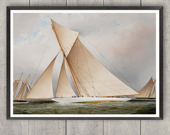 May include: A painting of a sailboat with white sails and a white hull, sailing on a calm sea. The sailboat is in the foreground of the painting, and there are two other sailboats in the background.