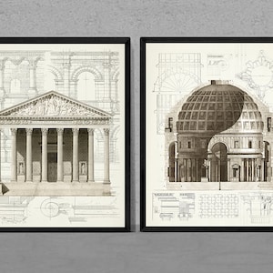 Láminas de arquitectura vintage, dibujos de edificios clásicos, juego de 2