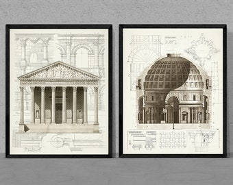 Classic Architecture drawings, 2 set architectural prints, classic decor,housewarming gift, vintage arhitecture art, ancient architecture