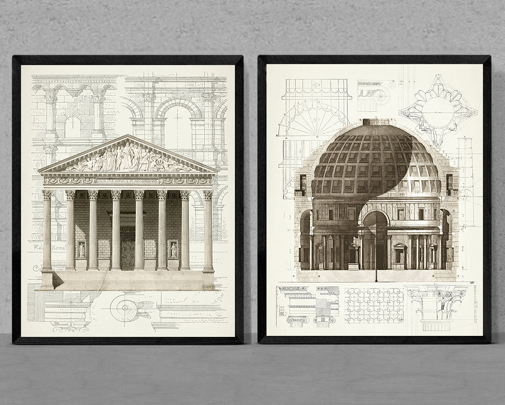 Vintage Architecture Prints, Classic Building Drawings, Set of 2