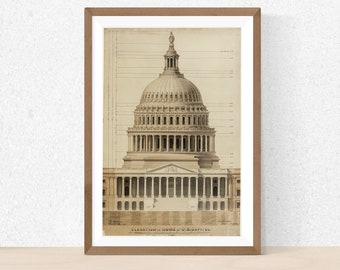 Elevation of dome of U.S. Capitol drawing art print. Architectural print, Nice architecture home decor or office decor, great gift