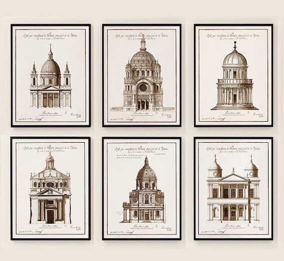 Classic Architecture Art Prints, Vintage Building Drawings, Set of 6 (11x14 inch)
