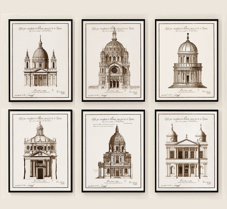 Może przedstawiać: Zestaw sześciu czarnych oprawionych wydruk&oacute;w przedstawiających architektoniczne rysunki kościoł&oacute;w w sepii. Każdy wydruk zawiera tekst "Eglises principales de la Ville" i "Dessinee et gravee par J.B. de Saint-Non."
