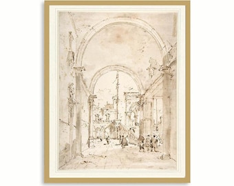 May include: A black and white pen and ink drawing of an architectural interior with a vaulted ceiling and a group of figures in the distance.
