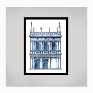 May include: A blue and white architectural illustration of a building with three levels and a balcony. The building has a symmetrical design with columns and arches.