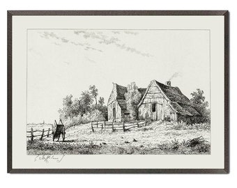 Puede incluir: Un dibujo en blanco y negro de una granja con un techo de paja y una valla delante. El dibujo está enmarcado en un marco de madera oscura.