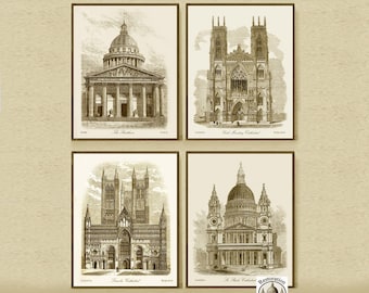 Juego de láminas de arquitectura de catedrales antiguas, dibujos arquitectónicos