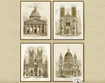 Architecture print 4 set. Architectural drawings. Church Architecture Prints, vintage architecture art, Cathedrals