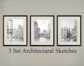 3 Set Vintage Drawing art prints. Vintage Architectural sketch City and water way. Beautiful wall decor, great house warming gift.
