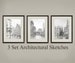 3 Set Vintage Drawing art prints. Vintage Architectural sketch City and water way. Beautiful wall decor, great house warming gift. 