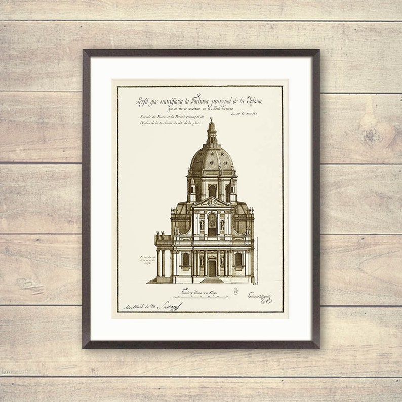 Puede incluir: Un dibujo arquitect&oacute;nico en blanco y negro de una fachada de iglesia con una c&uacute;pula. El dibujo est&aacute; titulado "Profil que manifescta la Fachada principal de la Iglesia, que ha de construir en la Santa Concepcion."