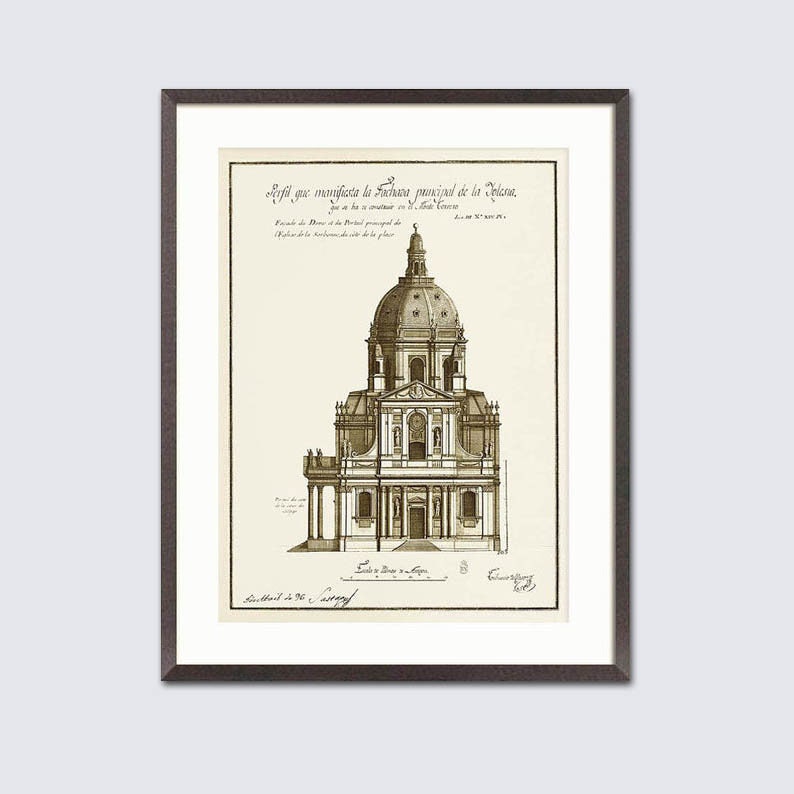May include: Framed sepia-toned architectural print depicting a domed building with intricate details. The print includes text and is set within a dark frame. The artwork is a vintage style drawing, suitable for home decor.