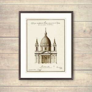 Puede incluir: Un dibujo arquitect&oacute;nico en blanco y negro de una iglesia con una c&uacute;pula. El dibujo est&aacute; titulado "Profil que manifesta la Fachada principal de la Iglesia..." y est&aacute; firmado "L. de la H. y. M. de la S. y. G.  Escribano y. Rey.  1777."