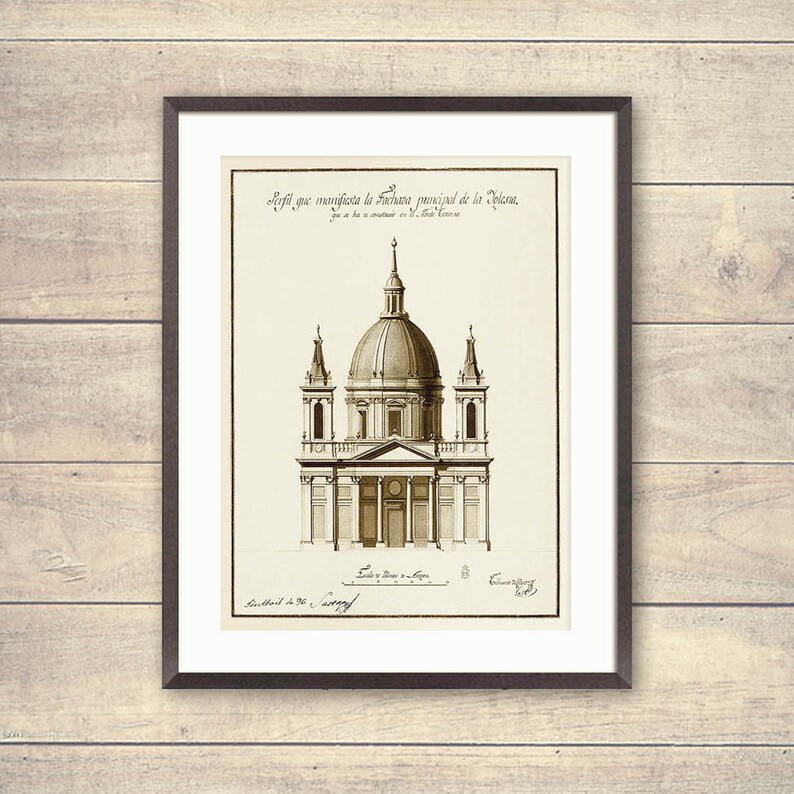 Puede incluir: Un dibujo arquitect&oacute;nico en blanco y negro de una iglesia con una c&uacute;pula. El dibujo est&aacute; titulado "Profil que manifesta la Fachada principal de la Iglesia..." y est&aacute; firmado "L. de la H. y. M. de la S. y. G.  Escribano y. Rey.  1777."