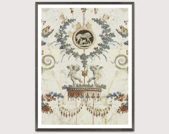May include: A vintage-style print featuring a white background with a decorative design in shades of blue, green, and brown. The design includes two cherubs, a wreath, and a central medallion with a depiction of a bull.