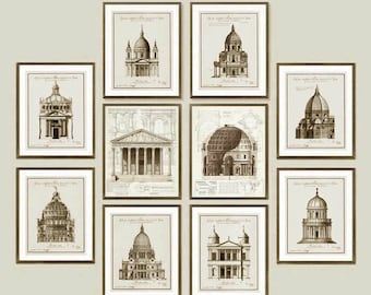 Set architecturale prints, vintage gebouwtekeningen, galerijmuurkunst (8 x 10, 11 x 14)