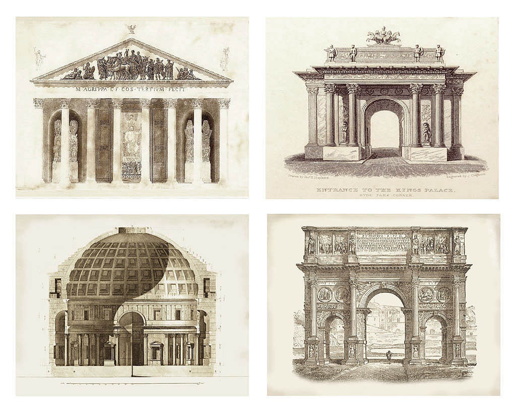 Architecture Pencil Sketch Design Wall Art Prints Set - Ideal Gift