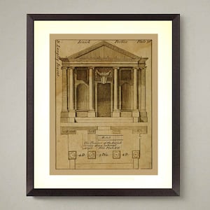 May include: A vintage architectural drawing of a Jonick Portice, Plate 30, with detailed measurements and instructions for construction. The drawing is in black and white and features a detailed plan of the building's facade.
