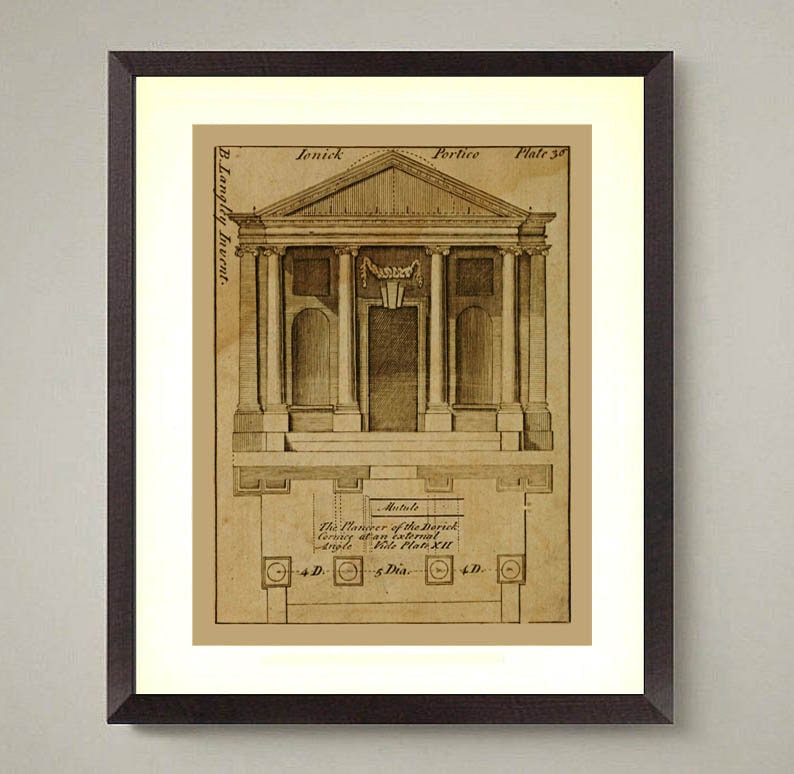 May include: A vintage architectural drawing of a Jonick Portice, Plate 30, with detailed measurements and instructions for construction. The drawing is in black and white and features a detailed plan of the building's facade.