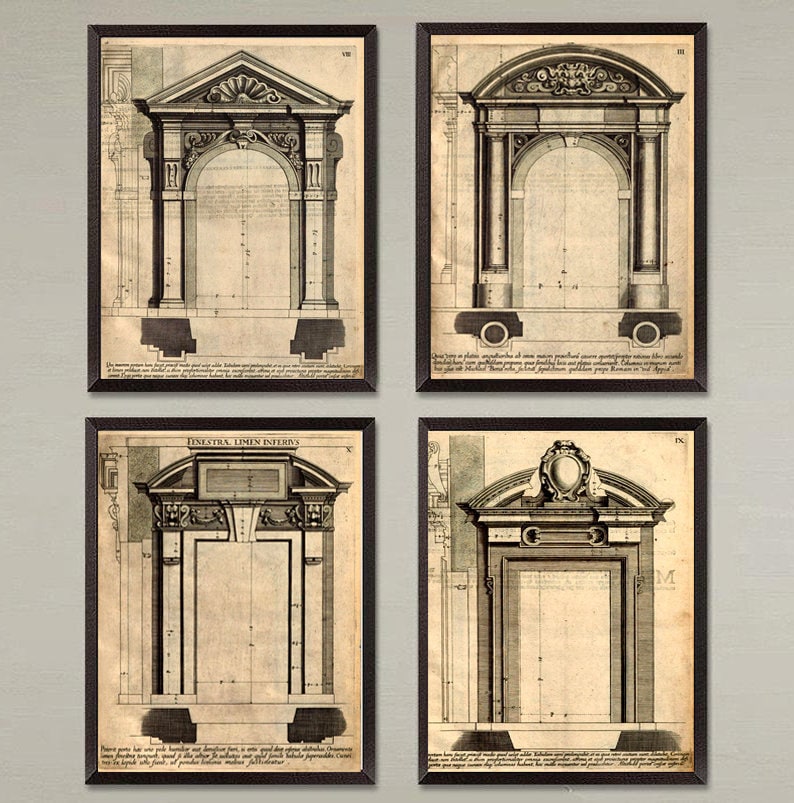 Architecturale prints Europese gevel, set van 4, klassiek woondecoratie afbeelding 1