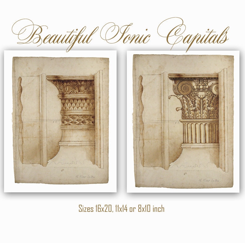 Art prints home decor Classic Architecture Beautiful 2 set ancient Ionic Capital Columns office decor 8 x10 11x14 or 16 x20 inches