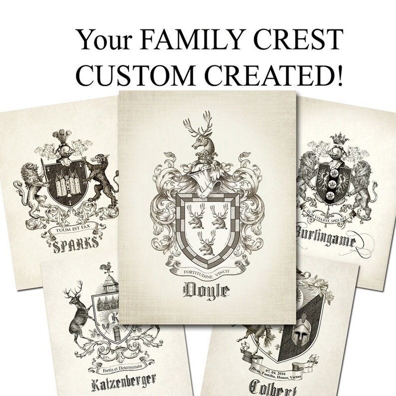 CUSTOM Family Crest-Wedding Crest-Surname coat of arms BIG CREST home decor 18 x 24 inch. Created antque vintage family crest-monogram art image 1