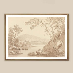 Boceto a lápiz Impresión de arte paisajístico, acuarela, decoración del paisaje, dibujo vintage, neutro, boceto de árbol, boceto de lago, arroyo, boceto vintage