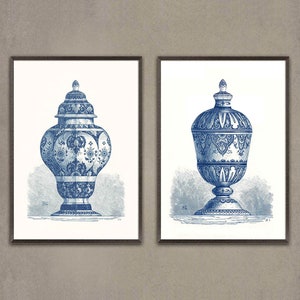 2 Set Indigo Blue white china, vintage vase decor, Chinoiserie vase, 1700's  art, Living room wall art, blue porcelain, indigo Blue decor