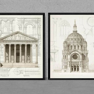 Láminas de dibujos arquitectónicos vintage, decoración clásica, juego de 2