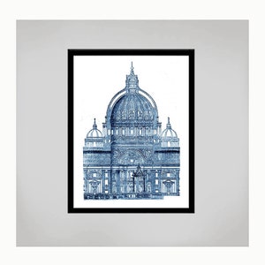 May include: A blue and white architectural illustration of the St. Peter's Basilica in Rome, Italy.