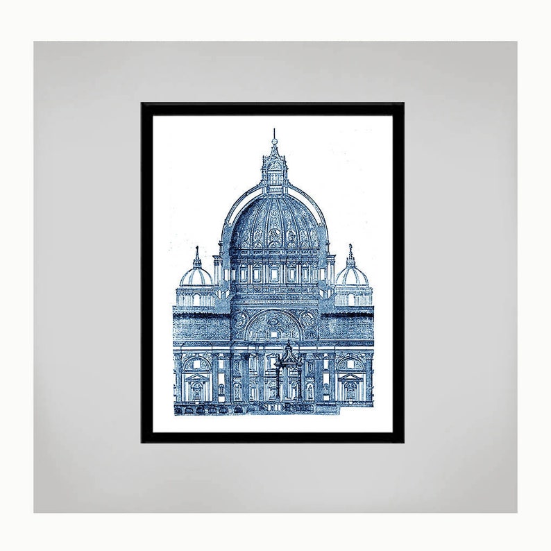 May include: A blue and white architectural illustration of the St. Peter's Basilica in Rome, Italy.