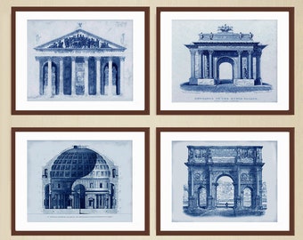 Indigo Blue Architectural Print Set, European Facades, Home Decor