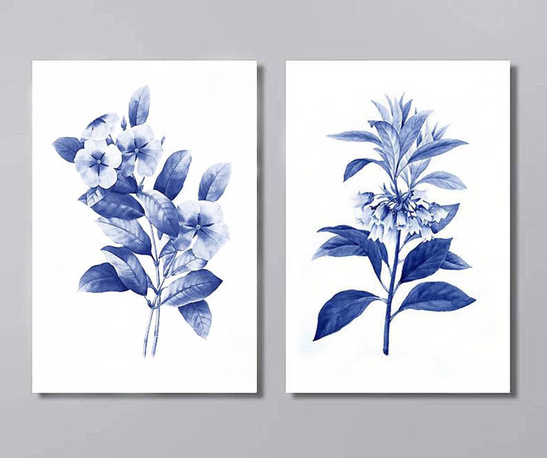 Indigo Botanical Prints, Vintage Navy Blue Wall Decor, Set of 2 - Etsy