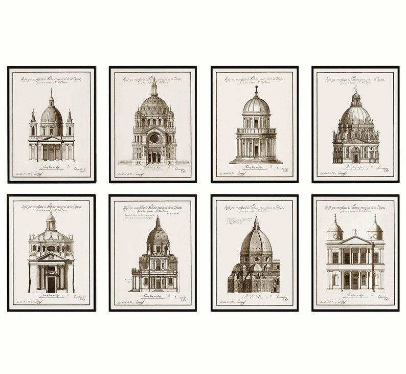 Puede incluir: Conjunto de ocho impresiones enmarcadas en negro que presentan ilustraciones antiguas de estructuras arquitect&oacute;nicas con techos abovedados. Cada impresi&oacute;n incluye el texto "Affi per medifie le fabbriche progette in Roma" y "Inven. et incise da Gio. Batt. Piranesi.  Roma.  1750."